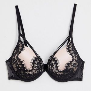Pink Push-Up Rhinestone Black Lace Strappy Bra